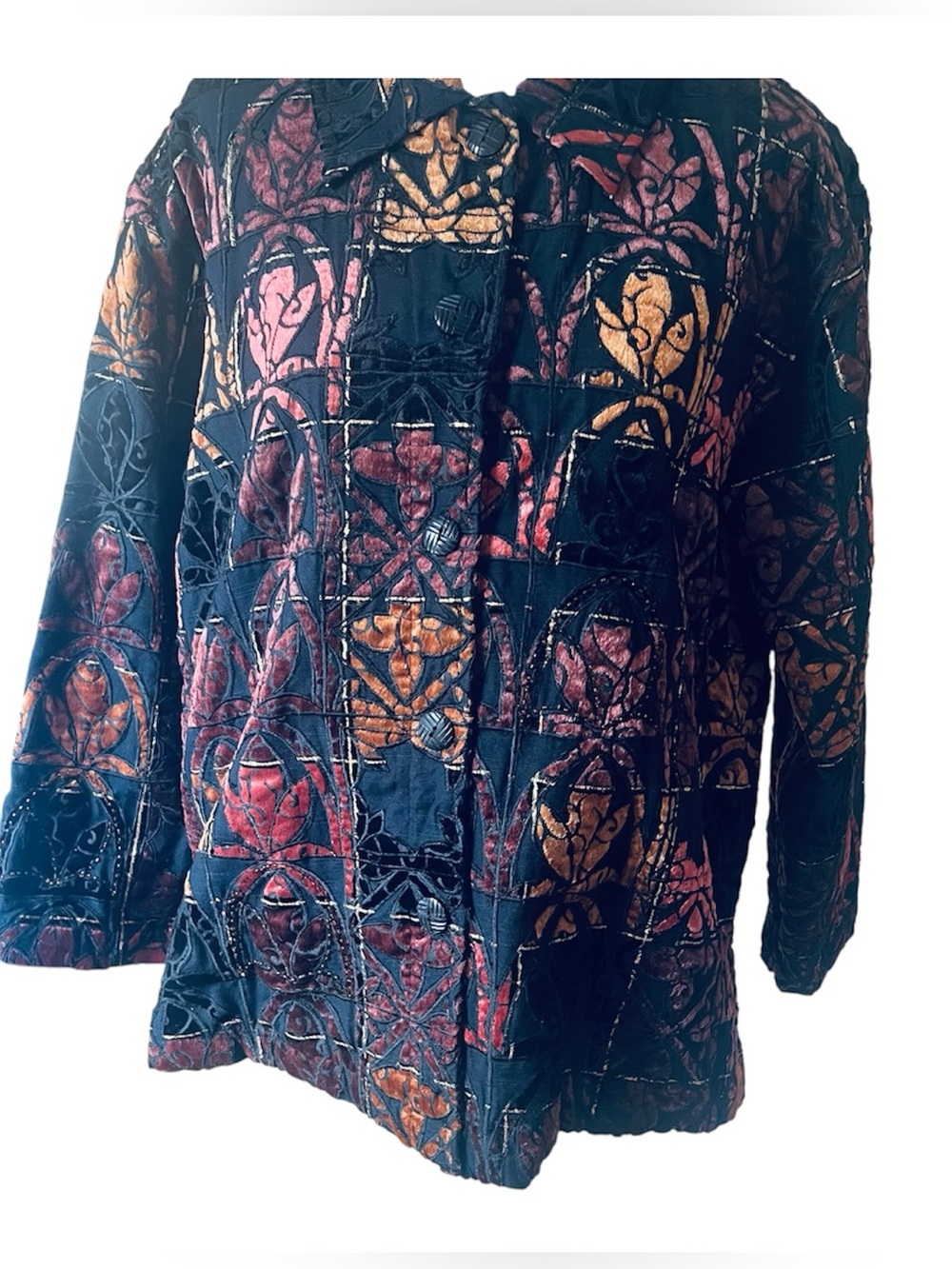 Chico's Vintage Quilted Patchwork Jacket with Red & Gold Accent